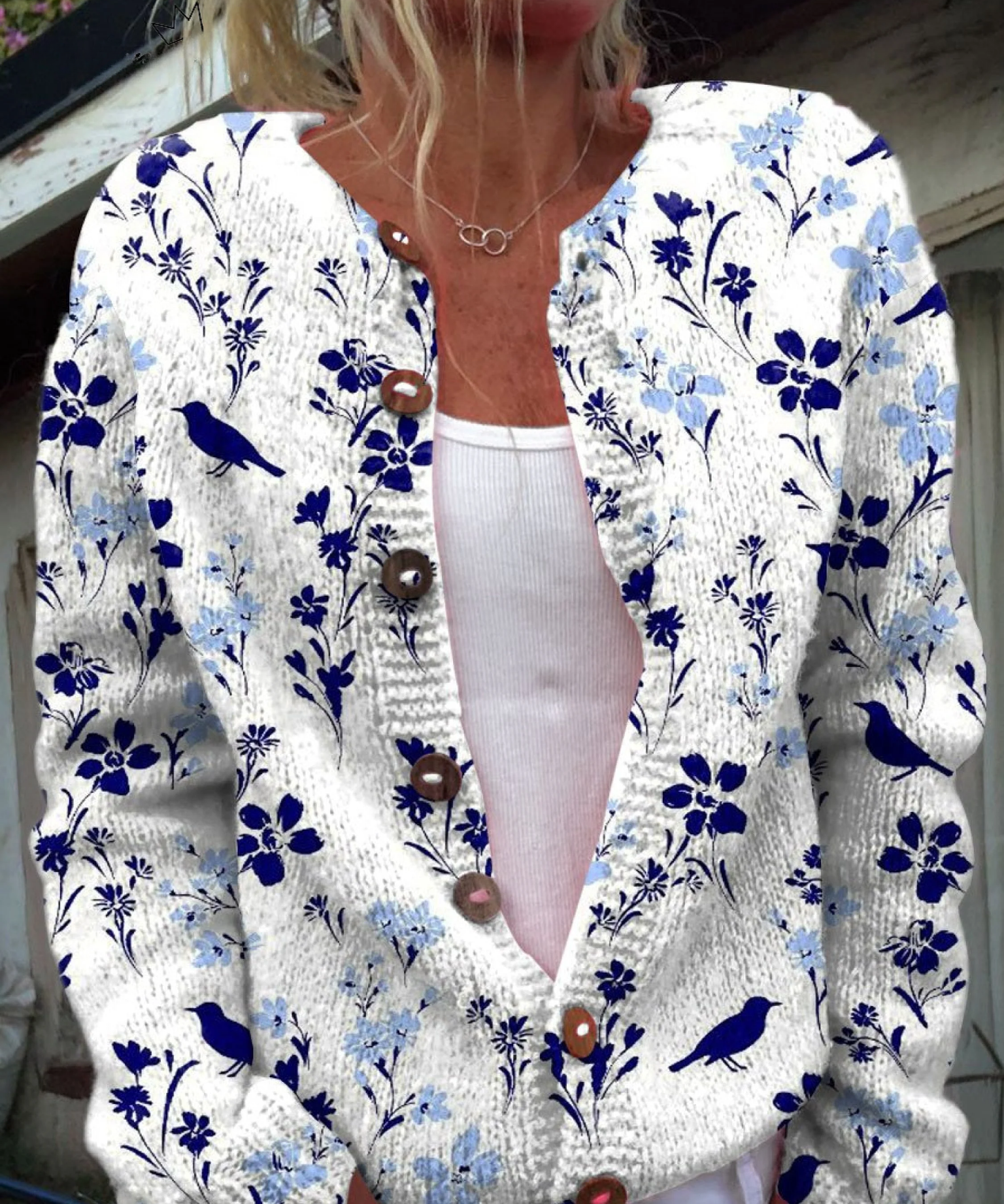 Vynora™ | Cardigan en maille à imprimé floral et oiseaux, boutonné