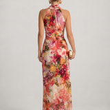 Elisabetta | Sukienka Maxi Halter w Kwiatowy Nadruk