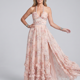 Alesia | Sukienka Maxi Halter z Koralkowymi Ramiączkami