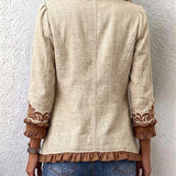 Octavie | Vintage'owy żakiet boho w kwiaty w odcieniach wielbłądzim i brązie, z falbanami